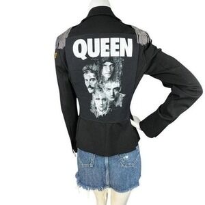 QUEEN Band Jacket Upcycled Military Blazer Chain Fringe Patch Size 6 S
